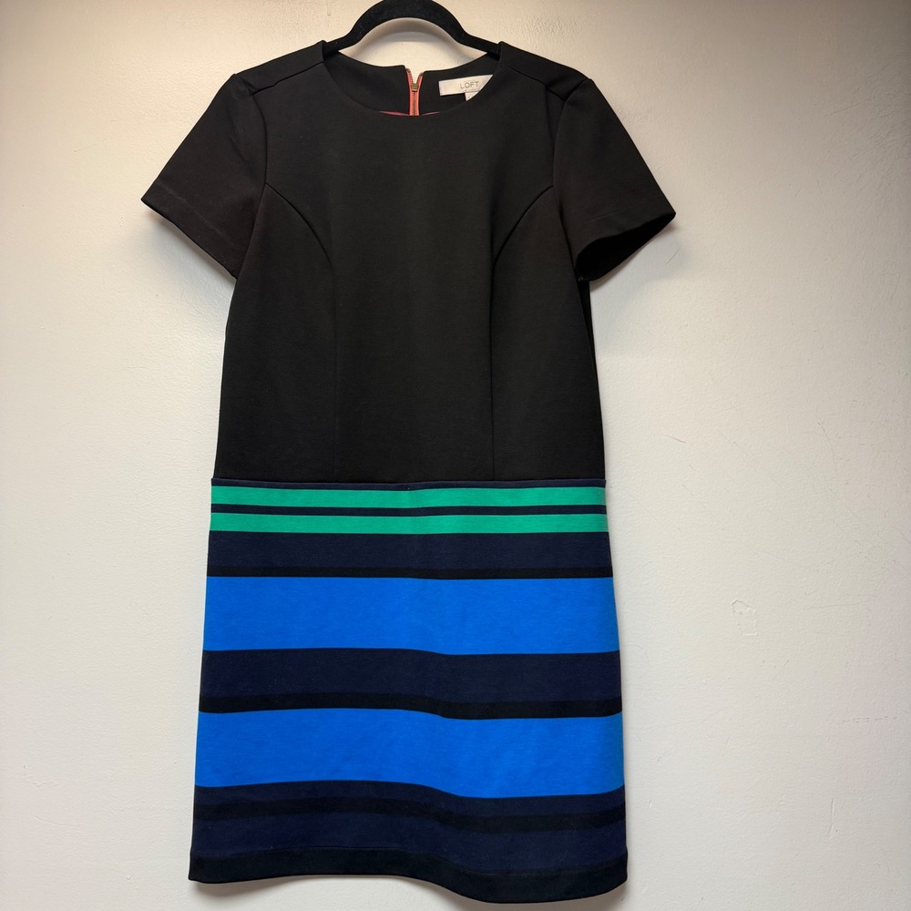 LOFTโ Shift Dress Womens 4 Black Blue Excellent Colorblock Striped Mod Mini